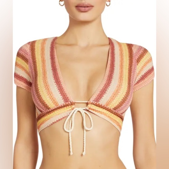 Robin Piccone Lyra Stripe Cap Sleeve Bikini Top Size Medium - Picture 1 of 8